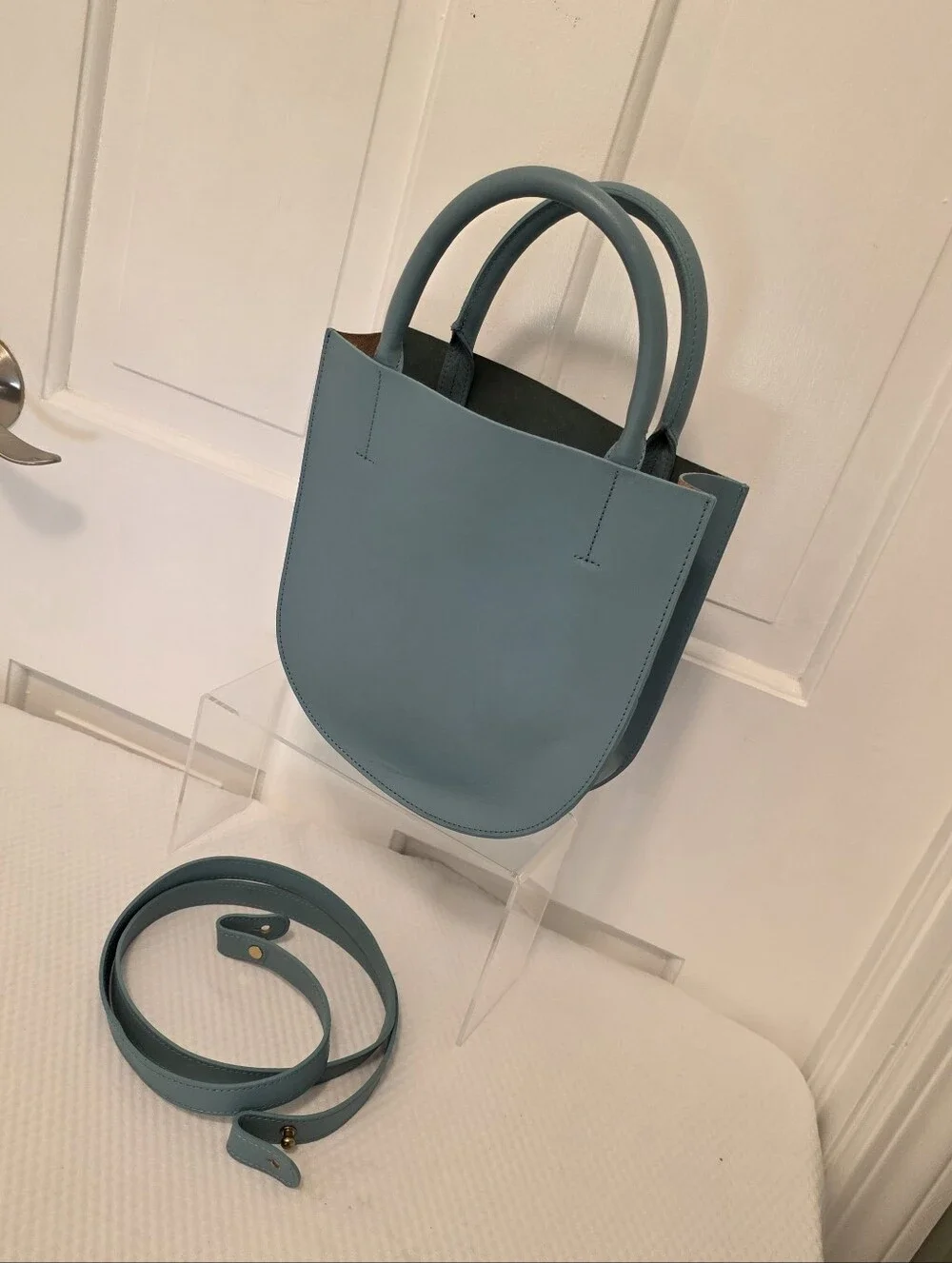 Minor History Blue Satchel/Crossbody Leather Open Top, Stylish, Sleek, Modern